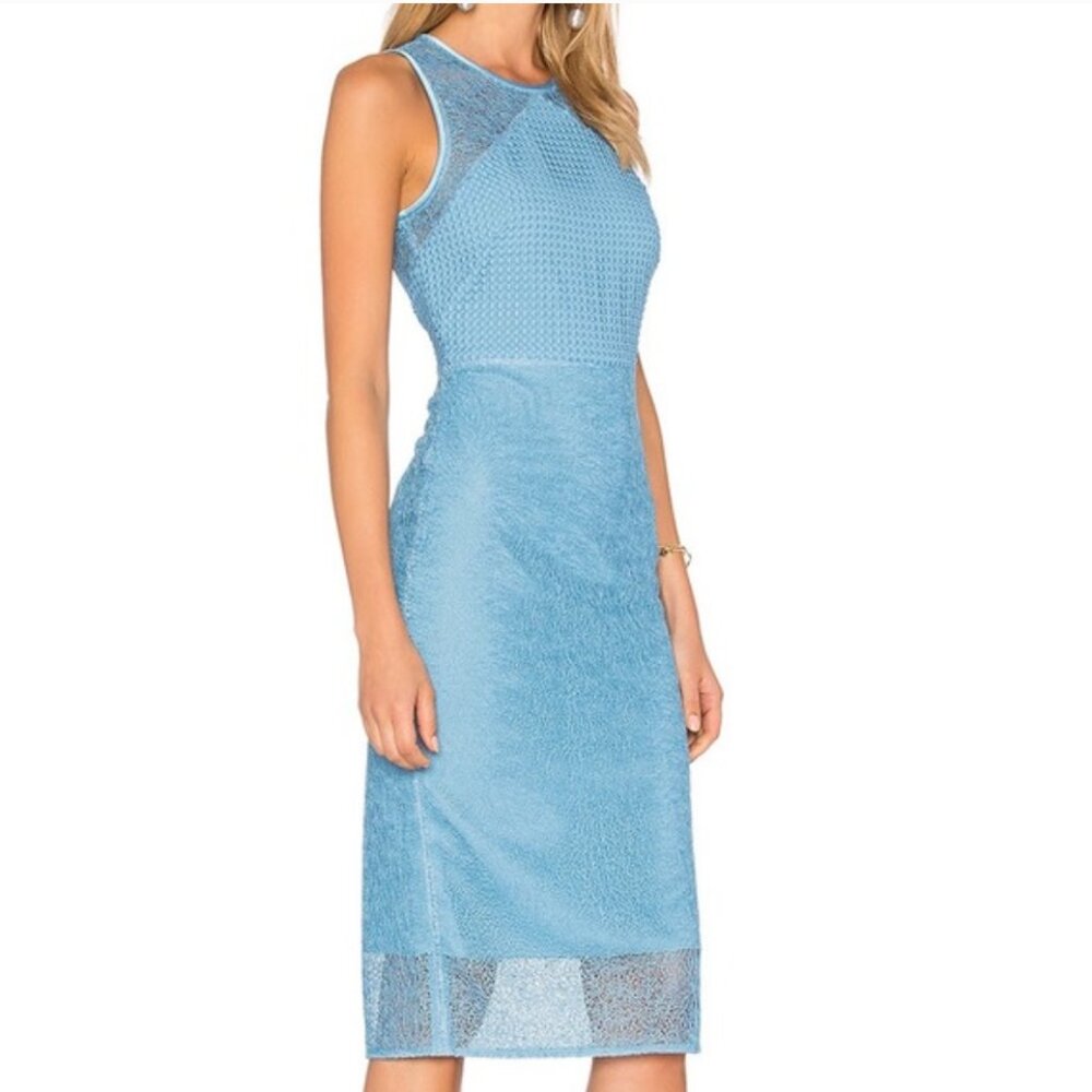 DVF light blue twig and circle lace sleeveless midi sheath dress
